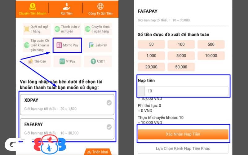 Chọn phương thức Momo Pay và điền số tiền cần nạp Chọn phương thức Momo Pay và điền số tiền cần nạp