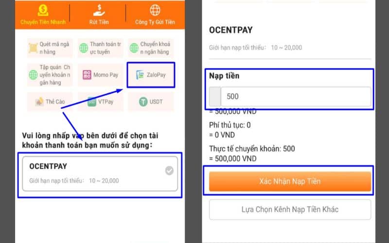 Chọn phương thức ZaloPay và nhập số tiền cần nạp Chọn phương thức ZaloPay và nhập số tiền cần nạp