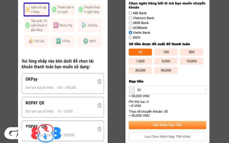 Chọn phương thức quét mã ngân hàng và tài khoản thanh toán Chọn phương thức quét mã ngân hàng và tài khoản thanh toán