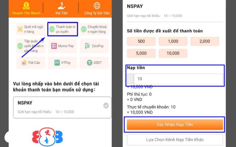 Chọn phương thức thanh toán trực tuyến và điền số tiền cần nạp Chọn phương thức thanh toán trực tuyến và điền số tiền cần nạp