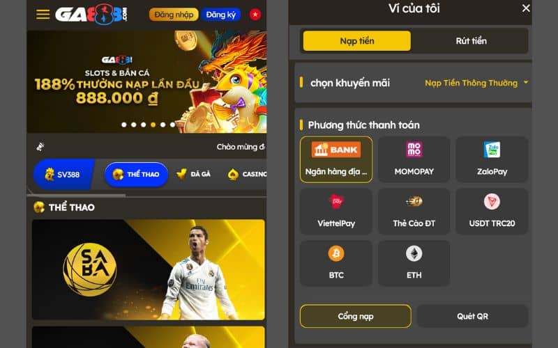 Đăng nhập vào tài khoản GA888 và chọn nạp tiền Đăng nhập vào tài khoản GA888 và chọn nạp tiền