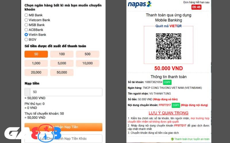 Điền số tiền cần nạp và thực hiện giao dịch trên ứng dụng ngân hàng của bạn Điền số tiền cần nạp và thực hiện giao dịch trên ứng dụng ngân hàng của bạn